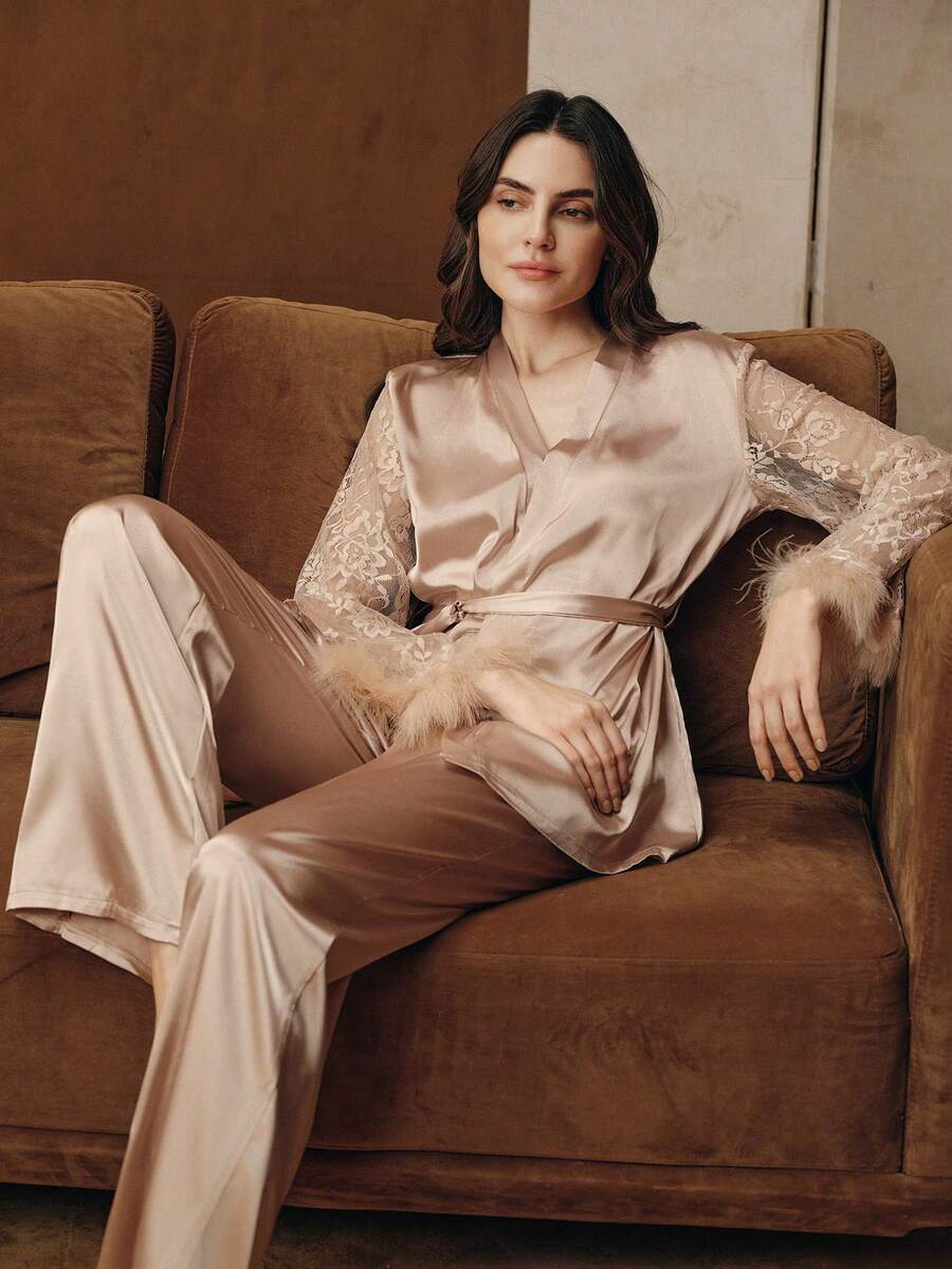 Anewsta 女士蕾丝拼接长袖上衣和裤子睡衣套装，秋季服装，冬季服装 - 香檳色 - 查看 1