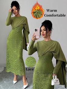 SHEIN Elenzya Women's New Military Green Knit Lace Patchwork Round Neck Shawl Collar High Waist A-Line Long Sleeve Zipper Lace Ruffle Hem Mid-Length Elegant Sophisticated Versatile Little Black Dress, Suitable For Banquet, Party, Date, Autumn/Winter - Army Green - View 1