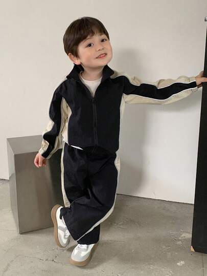 2pcs Toddler Boys Casual Contrast Color Jacket And Pants Set