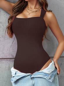 1pc Women Solid Seamless Waist Cincher Briefs Bodysuit Black Camisole Triangle Panty Shapewear Casual Tummy Control Body Shaper - Chocolate Brown - View 4