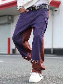 GALLERY FADE 男士撞色毛边休闲工装牛仔裤 - 酒紅色 - 查看 6