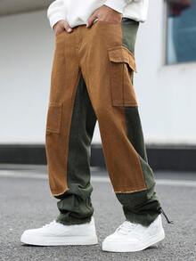 GALLERY FADE 男士休闲水洗撞色拼接工装牛仔裤 - 綠色 - 查看 6