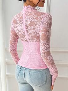 RosyDaze Women's Elegant French Lace Collar Fitted Long Sleeve T-Shirt - Baby Pink - View 2