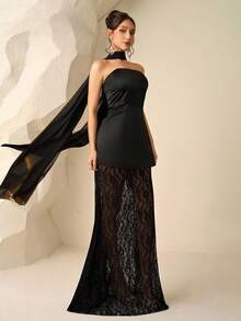 Coutiva Women's Elegant Strapless Black Satin Formal Evening Gown,Heavily Embellished Contrast Lace & Ribbon Design Long Dinner Dress Bridesmaid Dress - Black - View 7