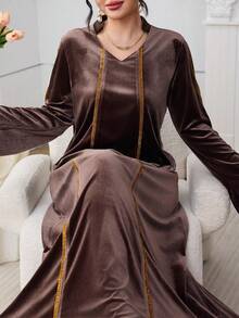 Al Najma Vestido elegante de fiesta para mujer con decoración de cinta al estilo árabe - Marrón - Ver 1