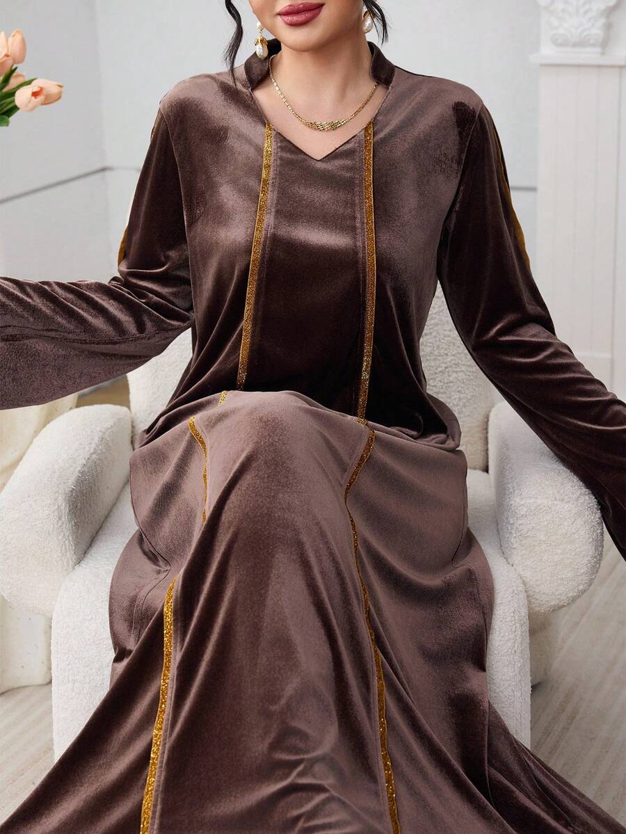 Al Najma Vestido elegante de fiesta para mujer con decoración de cinta al estilo árabe - Marrón - Ver 1