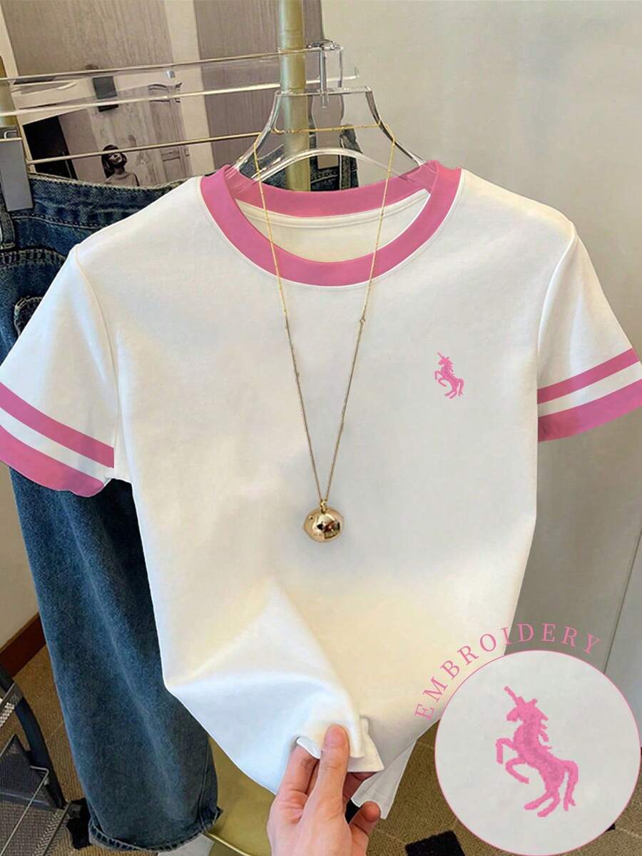 SHEIN 女式T恤/独角兽图案印花/刺绣工艺/女士宽松休闲撞色圆领T恤上衣/时尚卫衣/春夏 - 彩色 - 查看 1