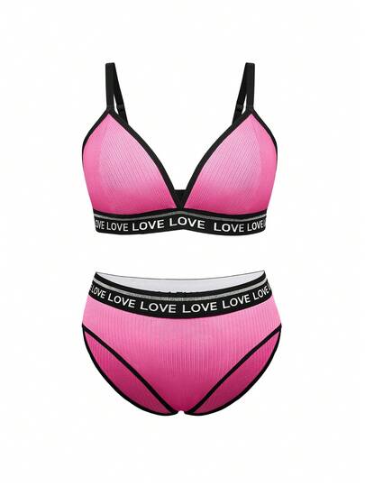 Plus Size Women Letter Print Seamless Wireless Bra, Comfortable & Casual