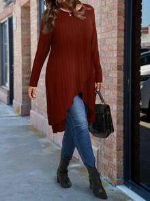Plus Size Solid Color Long Asymmetrical Hem Crew Neck Long Sleeve T-Shirt - Burgundy - View 3