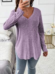 EMERY ROSE 大码女式纯色V领长袖休闲罗纹T恤 - 紫色 - 查看 5