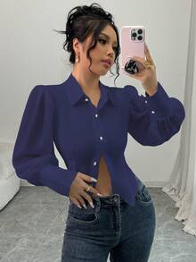 Elenzga Elegant Design Cropped Cardigan Shirt, Fitted Silhouette, Sheer Puff Sleeves, Versatile Classic White Blouse - Navy Blue - View 4