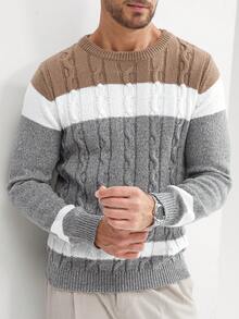 Manfinity Homme Men's Color Blocking Cable Knitted Sweater , Crew Neck Long Sleeve Knit Block Light Grey Going Out Business Casual Husband, Men's Jumper, Grey Sweater, Cable Knit Sweater, Color Block Sweater - Multicolor - View 6