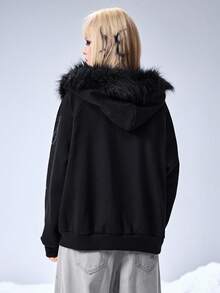 ROMWE EDITION Kpop Punk Style Oversized Blade Chain Print Zipper Sweatshirt For Women - Black - View 4