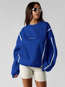 MISSGUIDED 圆领卫衣，饰有白色撞色滚边，宽松版型长袖套头衫，适合日常休闲穿着。 - 藍色 - 查看 3