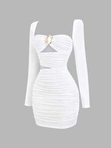 Gloray Women's Ruched Metal Buckle Ruched Sexy Dress - White - View 1