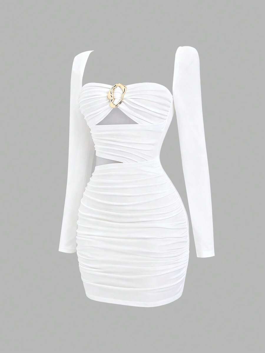 Gloray Women's Ruched Metal Buckle Ruched Sexy Dress - White - View 1