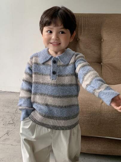 DAZY Toddler Boys' Korean Style Striped Polo Collar Long Sleeve Sweater, Autumn/Winter