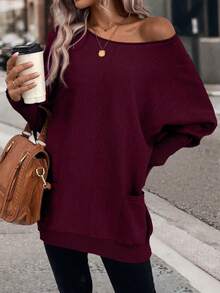 EMERY ROSE Fashionable Casual Versatile Loose Batwing Sleeve Scoop Neck Pullover Sweater For Women, Autumn/Winter - Burgundy - View 4