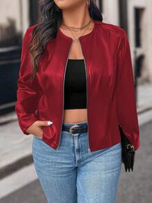SHEIN LUNE Plus Size Casual Solid Color Cropped Bomber Jacket, Suitable For Autumn Fall Winter Cloth For Women - Red - View 1