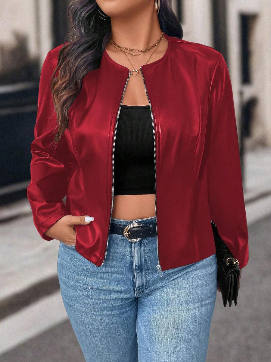 SHEIN LUNE Plus Size Casual Solid Color Cropped Bomber Jacket, Suitable For Autumn Fall Winter Cloth For Women - Red - View 1