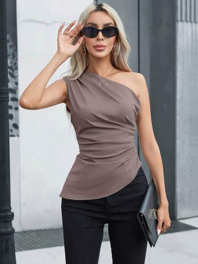 Aveloria Modichic 女士休闲通勤纯色不对称褶皱无袖上衣