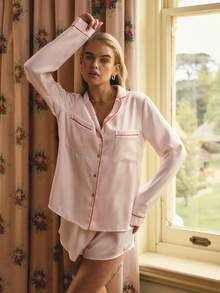 Aralina Sleepwear Women's Satin Contrast Piping Detail Sleep Button Through Shirt And Short Matching Two Pieces Set, Christmas And Valentine's Cute Pajamas - Pink - View 6