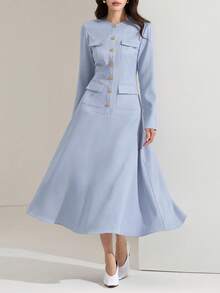 Heiryn 女士纯色前扣圆领优雅长袖中长连衣裙 - 灰藍色 - 查看 1