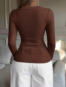 SHEIN Tall CURVE 大码女式骑士图案长袖V领毛衣，秋冬款 - 棕色 - 查看 2