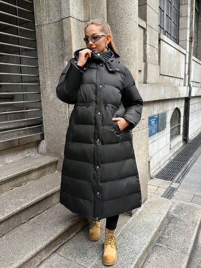 Muchica Große Größen schwarzer Kapuzenpullover mit Kordelzug Tailleneinsatz, Herbst/Winter