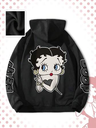 Betty Boop | ROMWE sweat-shirt à capuche zippé fuchsia pour hommes avec graphique de dessin animé, confortable pour l'automne/l'hiver