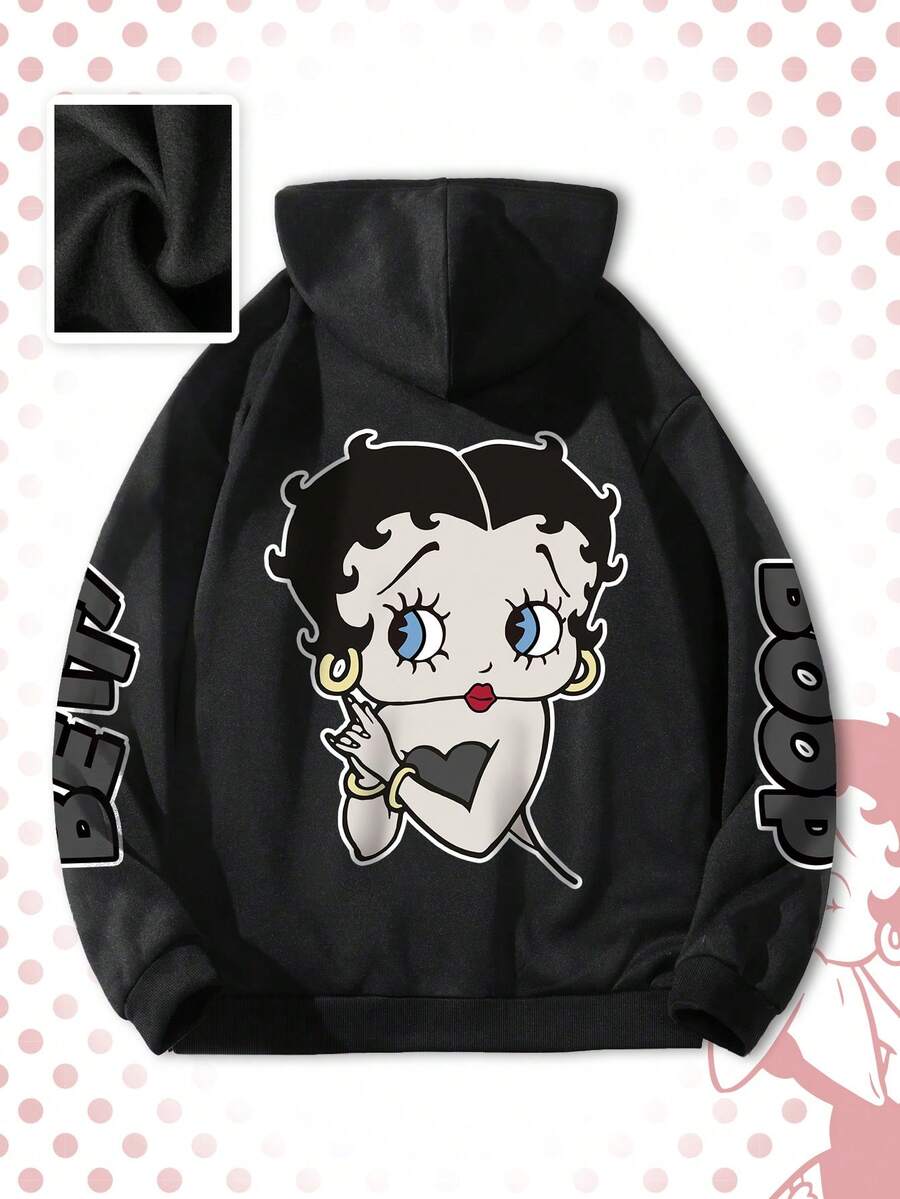 ROMWE MEN Betty Boop | ROMWE 男士玫红色卡通图案拉链连帽衫，秋冬季穿着舒适 - 黑色 - 查看 1