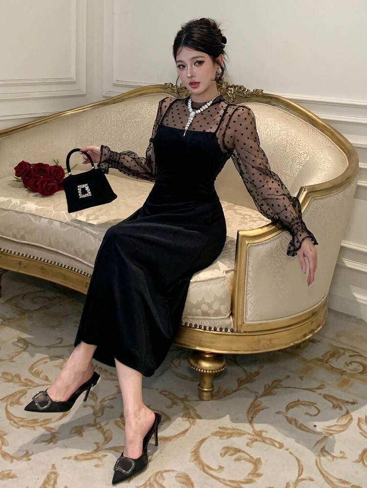 Women's Polka Dot Mesh Patchwork Long Sleeve Elegant Mid-Length Dress