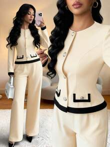 Elenzga Bộ đồ hai mảnh tương phản đen trắng thanh lịch thu/đông 2025 dành cho nữ - Màu be - Xem 1
