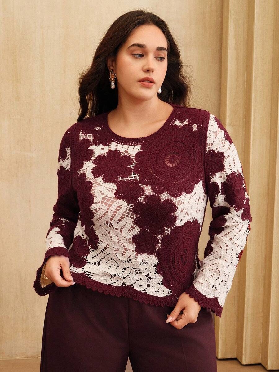 Anewsta Suéter de manga larga elegante con estampado floral hidrosoluble y bloques de color - Burdeos - Ver 1