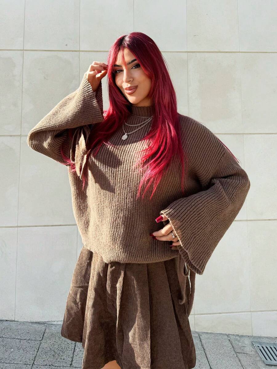 Bearsaez New Autumn/Winter Brown Knitted Ribbed Cuff Tie Loose Pullover Sweater,Knitted Sweater - Chocolate Brown - View 1