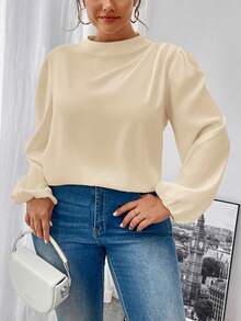 SHEIN Privé Plus Size Women Elegant Commuting Office Versatile Stand Collar Ruched Shoulder Long Sleeve Puff Sleeve Blouse, Autumn/Winter - Beige - View 4