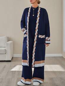 EURMUSE Cardigan & Pant & Sweater 3 Pcs Knit Set - Navy Blue - View 5
