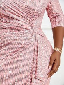 SHEIN Lady Đầm dự tiệc cỡ lớn dành cho nữ, cổ chữ V, viền bèo nhún, thanh lịch, thắt eo. - Hồng - Xem 7