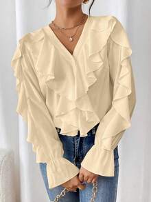 SHEIN Clasi Camisa de manga larga con botones, cuello y puños con volantes de unicolor - Amarillo claro - Ver 3