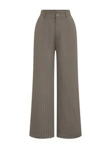 SHEIN LUNE Quần ống rộng kẻ sọc dáng rộng thoải mái cho nữ cỡ lớn - Màu Khaki - Xem 1