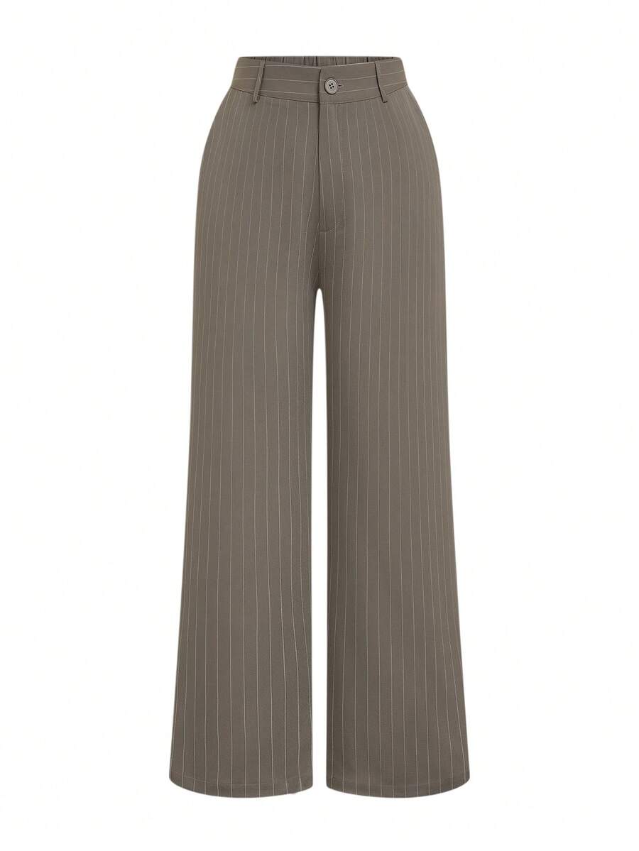 SHEIN LUNE Quần ống rộng kẻ sọc dáng rộng thoải mái cho nữ cỡ lớn - Màu Khaki - Xem 1