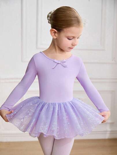 Girls Long Sleeve Ballet Tutu Dress, Butterfly Back Bow, Glitter Mesh Skirt, Ballet Dance Dress For School Performance