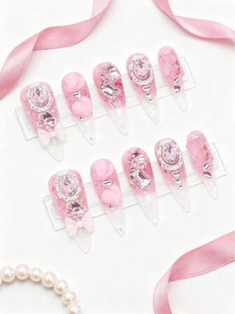 Kawaii 10 Pieces Of Gradual Change Pink Manicure Patch + 3 Pieces Of Double-Sided Tape, High-Quality Diamond Sequins Love Bow Elements Hand-Painted Fake Nails, Y 2 K Removable And Reusable Long Almond-Shaped Armor, Suitable For Daily Wear In All Seasons, And Can Also Be Used For Parties, Dances And Other Daily Occasions.