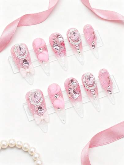 Kawaii 10 Pieces Of Gradual Change Pink Manicure Patch + 3 Pieces Of Double-Sided Tape, High-Quality Diamond Sequins Love Bow Elements Hand-Painted Fake Nails, Y2K Removable And Reusable Long Almond-Shaped Armor, Suitable For Daily Wear In All Seasons, And Can Also Be Used For Parties, Dances And Other Daily Occasions.