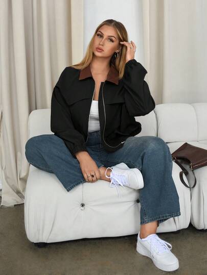 Auralis Chaqueta casual con cremallera delantera, mangas largas y hombros caídos, con bloque de color en el cuello para mujer de talla grande
