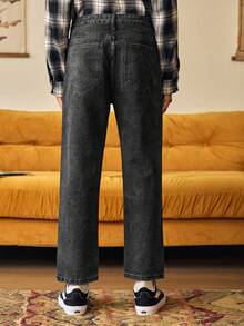 Quần jeans nam ống đứng màu xanh nhạt đã qua xử lý, quần jeans nam dáng rộng, phong cách retro Y2K, đơn giản và dễ phối đồ, thích hợp cho mùa xuân đến hè. - Màu xám đen - Xem 2