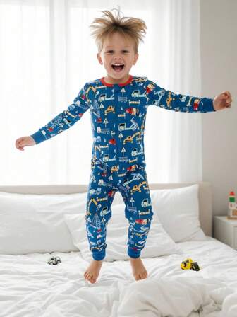 Ung pojke Crew Neck Knit Mysig Colorblock Grävmaskin Print Snug-Fit One-Piece Pyjamas, Långärmad & Byxor, Höst/Vinter