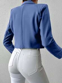 SHEIN Cottnline Women's Solid Color Long Sleeve Two-Button Short Casual Blazer - Blue - View 2