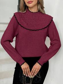 Elenzga Jersey de mujer elegante con dobladillo de volantes y ribete de contraste - Morado - Ver 5