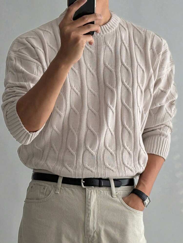 Men's Textured White Crew Neck Sweater, Autumn/Winter